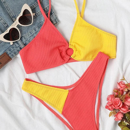 Red & Yellow Ribbed Bikini Set - Vibrant Poolside Fashion